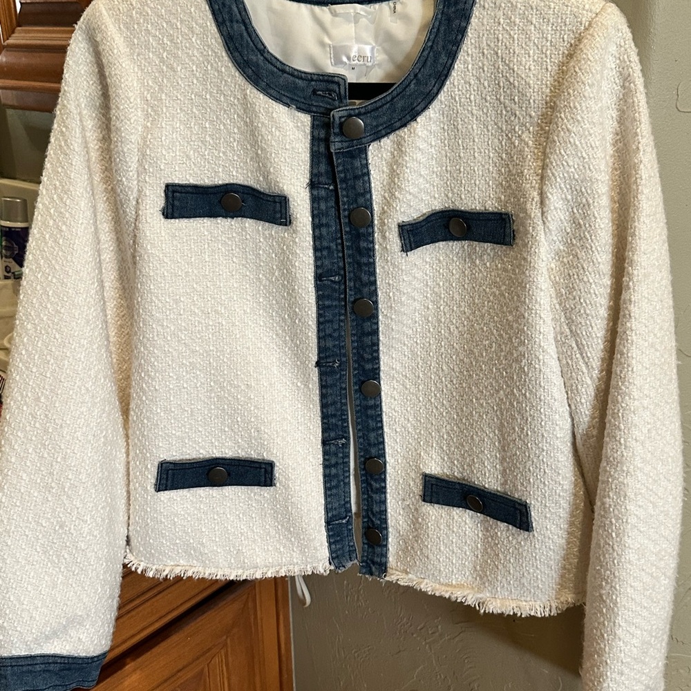Ecru White and Blue Blazer with Navy Trim